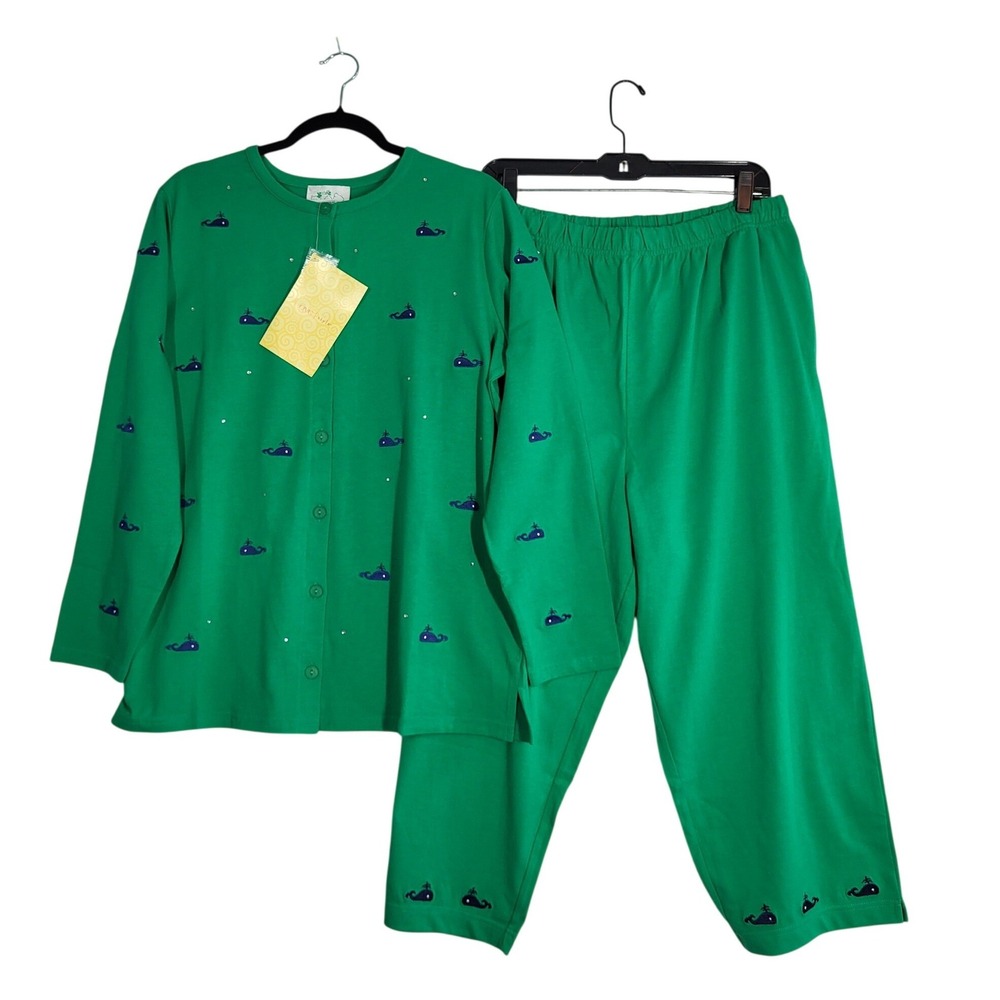 Quacker Factory Whale Embroidered Cardigan Capri Set Kelly Green L 14/16 NEW